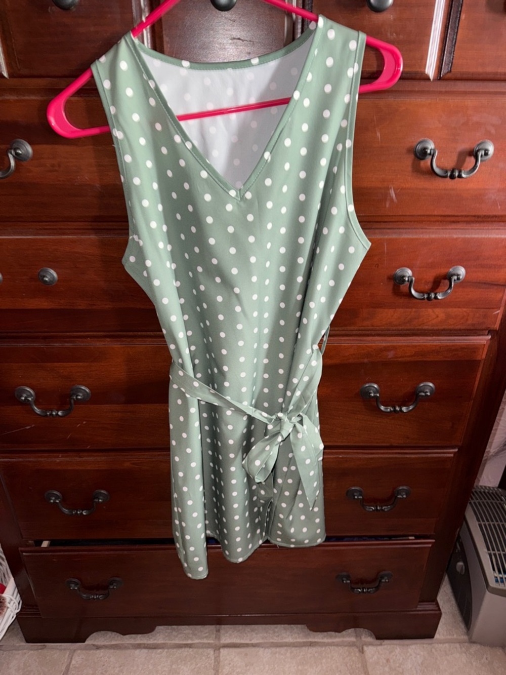 Sage Green Polka Dot V-Neck Sleeveless Dress with tie